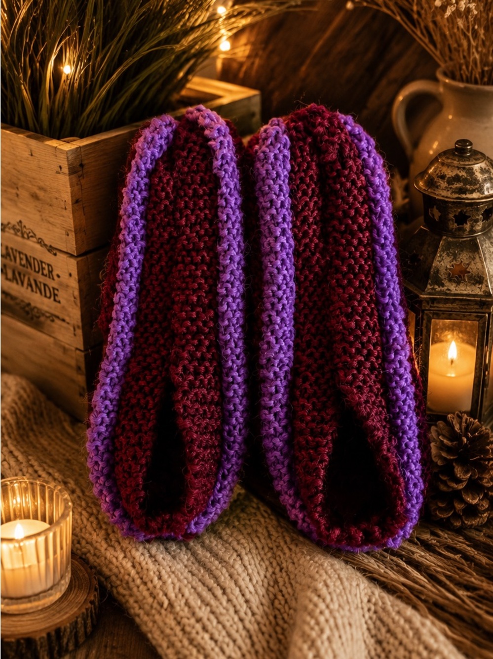 Handmade Women's phentex Knit Slippers - Purple & Burgundy
